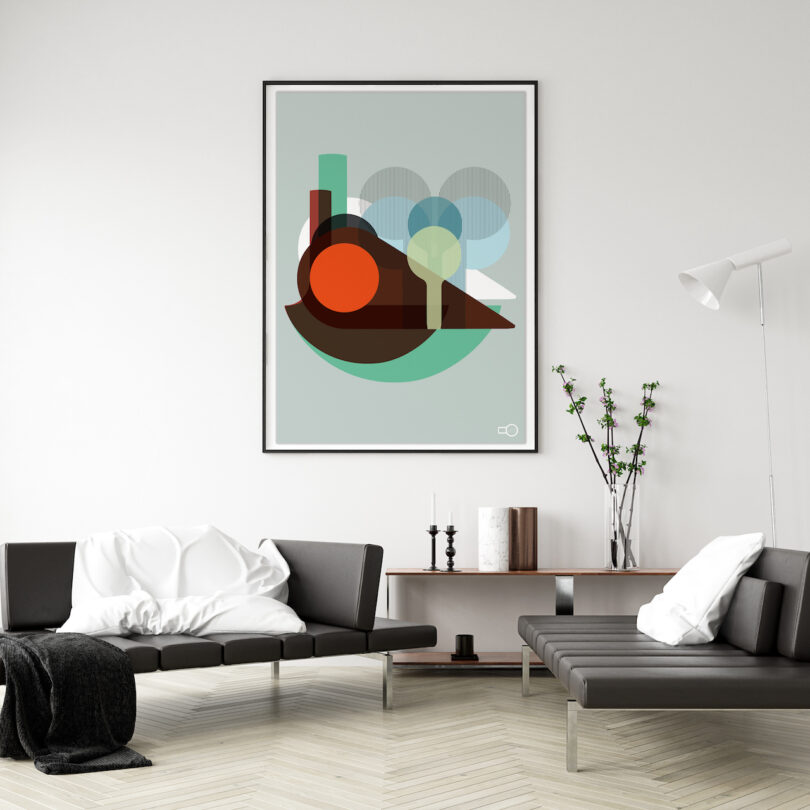 A minimalist living room with black sofas, a floor lamp, and a large abstract geometric artwork on the wall.