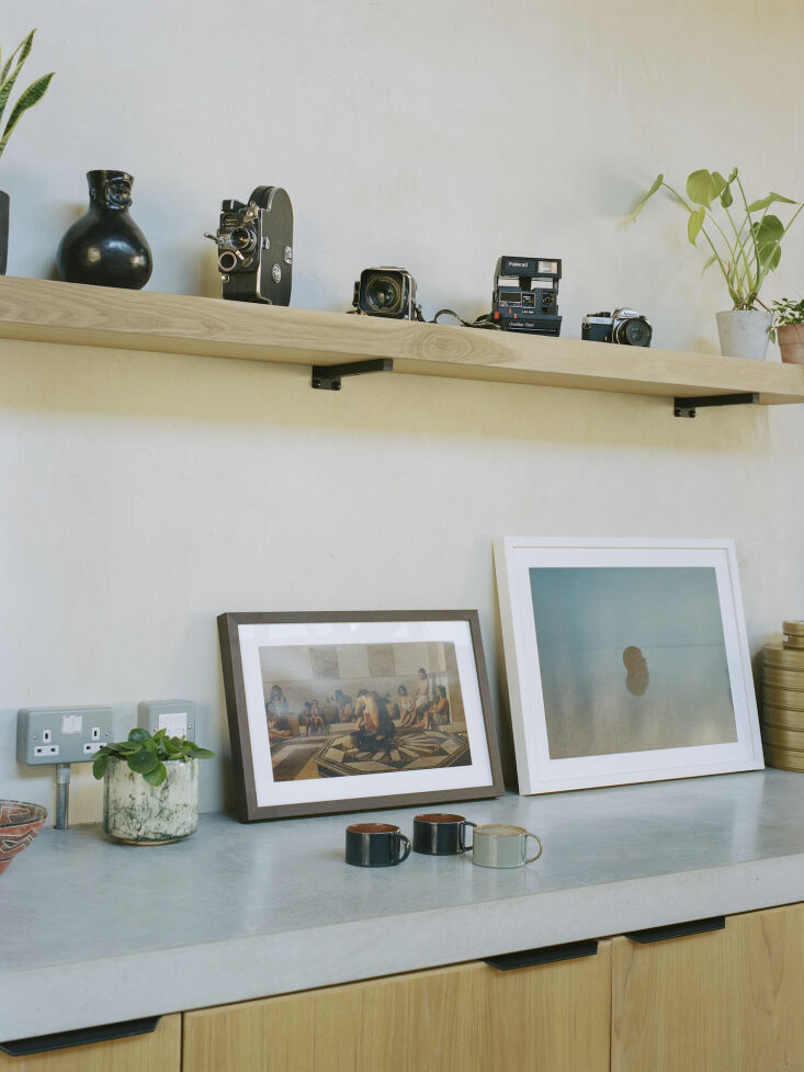 Minimalist wooden shelf and concrete countertop displaying curated cameras and plants against a neutral wall.