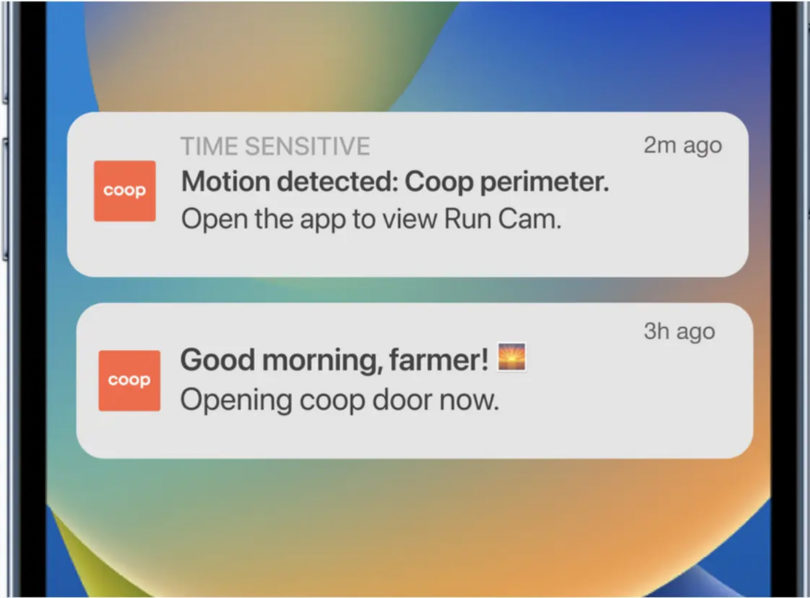 Smartphone screen displaying motion detection and door activity notifications from the smart coop app.