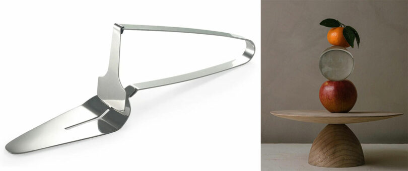 A sleek silver cake server and a modern fruit stand with a glass sphere.
