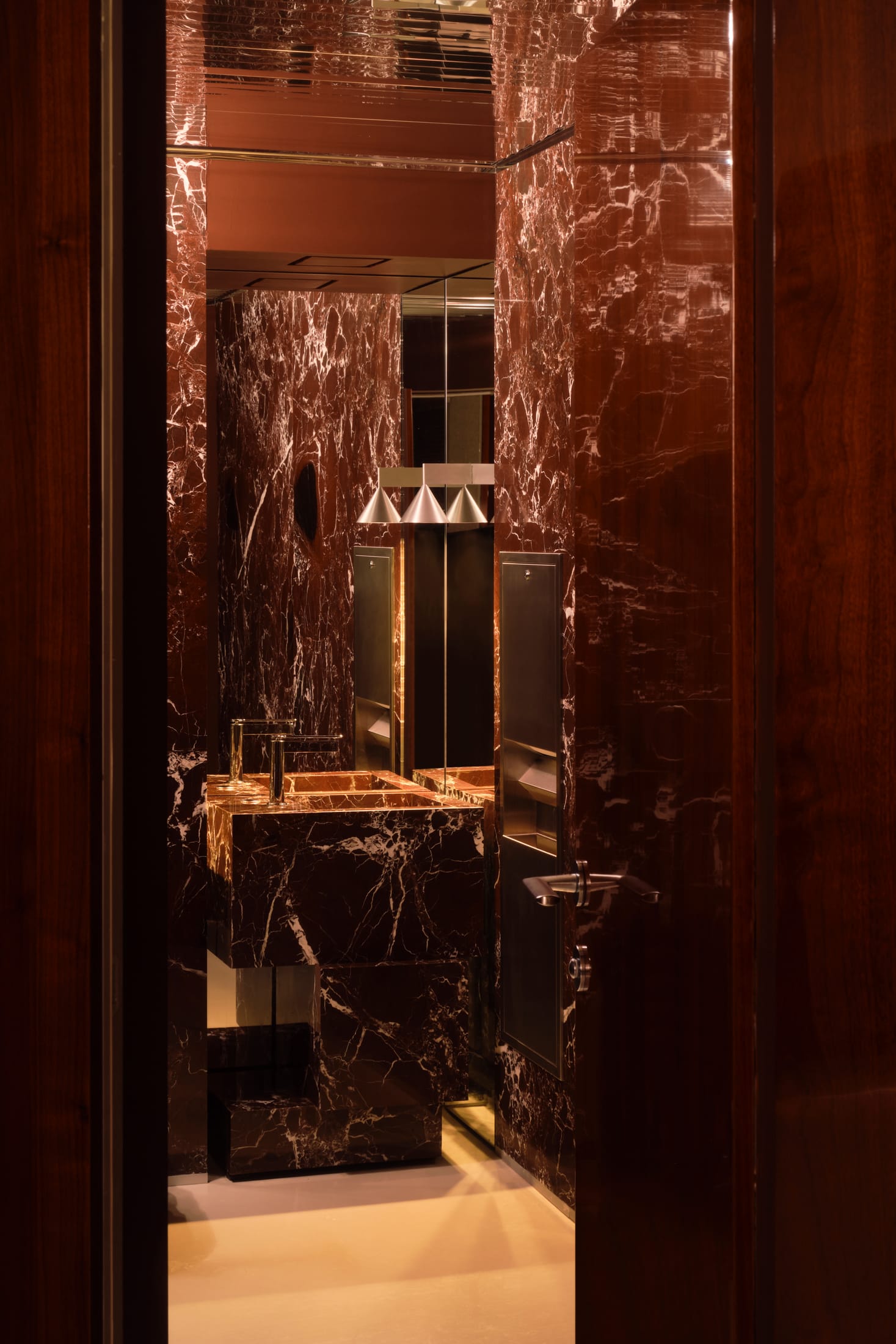 Interior view of the restaurant dining area featuring high-gloss dark wood walls and organic, curved seating.