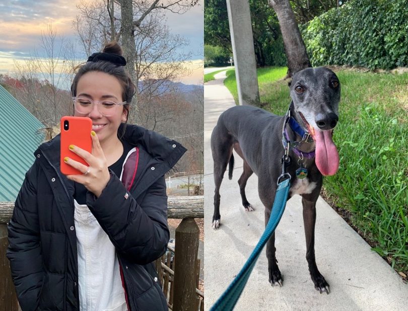 A warm lifestyle photo of a woman named Alexa smiling with her dog Phoebe.