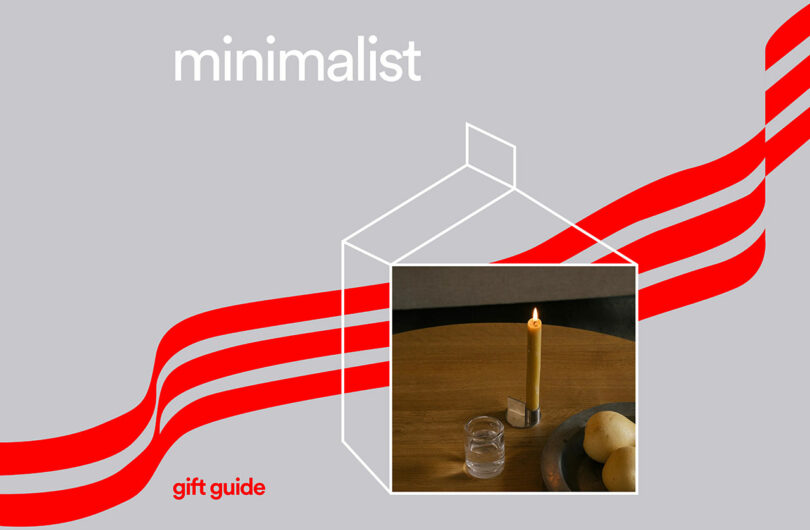 Minimalist candle and fruit setting on a wooden table with clean geometric lines.