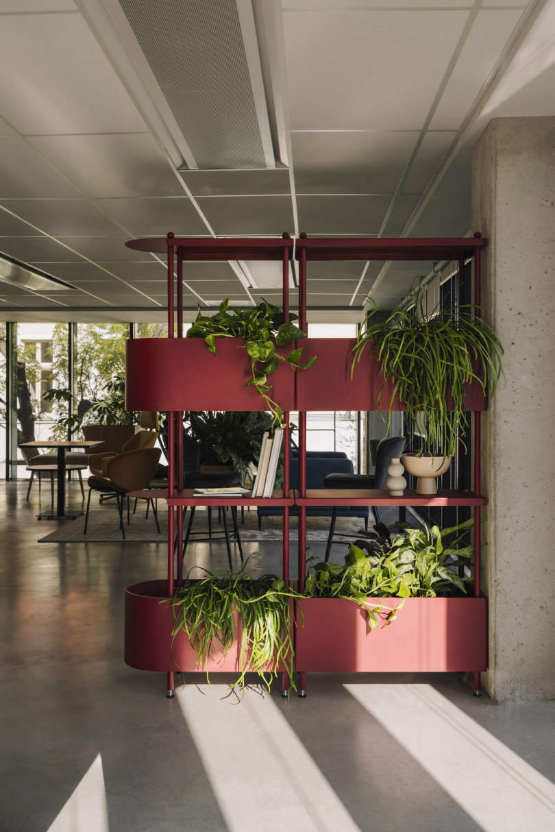 A red metal shelving unit with vibrant green plants in a modern indoor space.