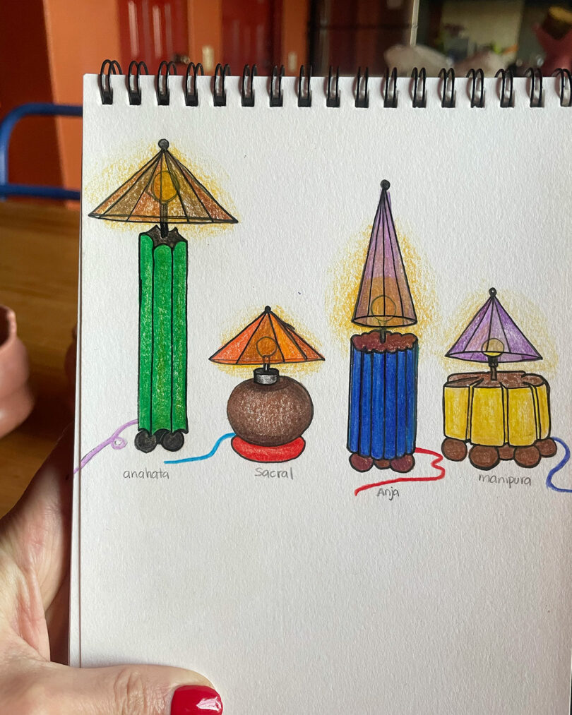 A hand holding a sketchbook showing four colorful lamp designs labeled with chakra names.