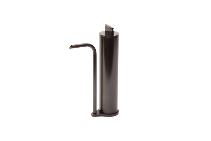 Modern oil decanter with a dark matte finish and elegant curved spout on a neutral background.