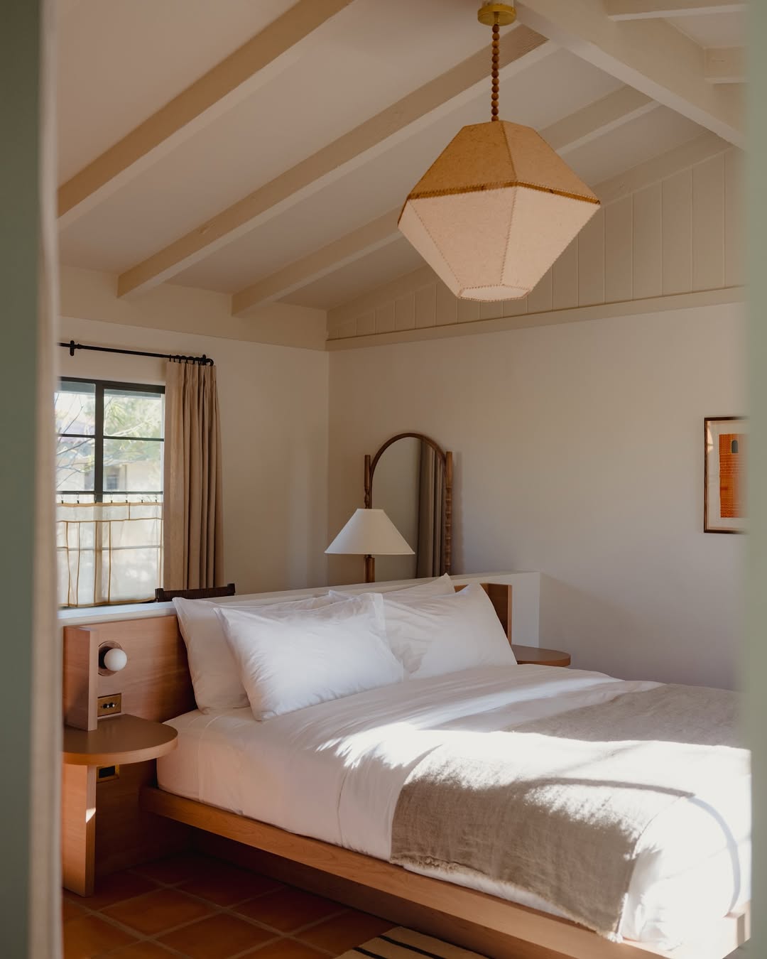 A commissioned Lana Launay pendant light hanging in the interior of Hotel Wren in California.