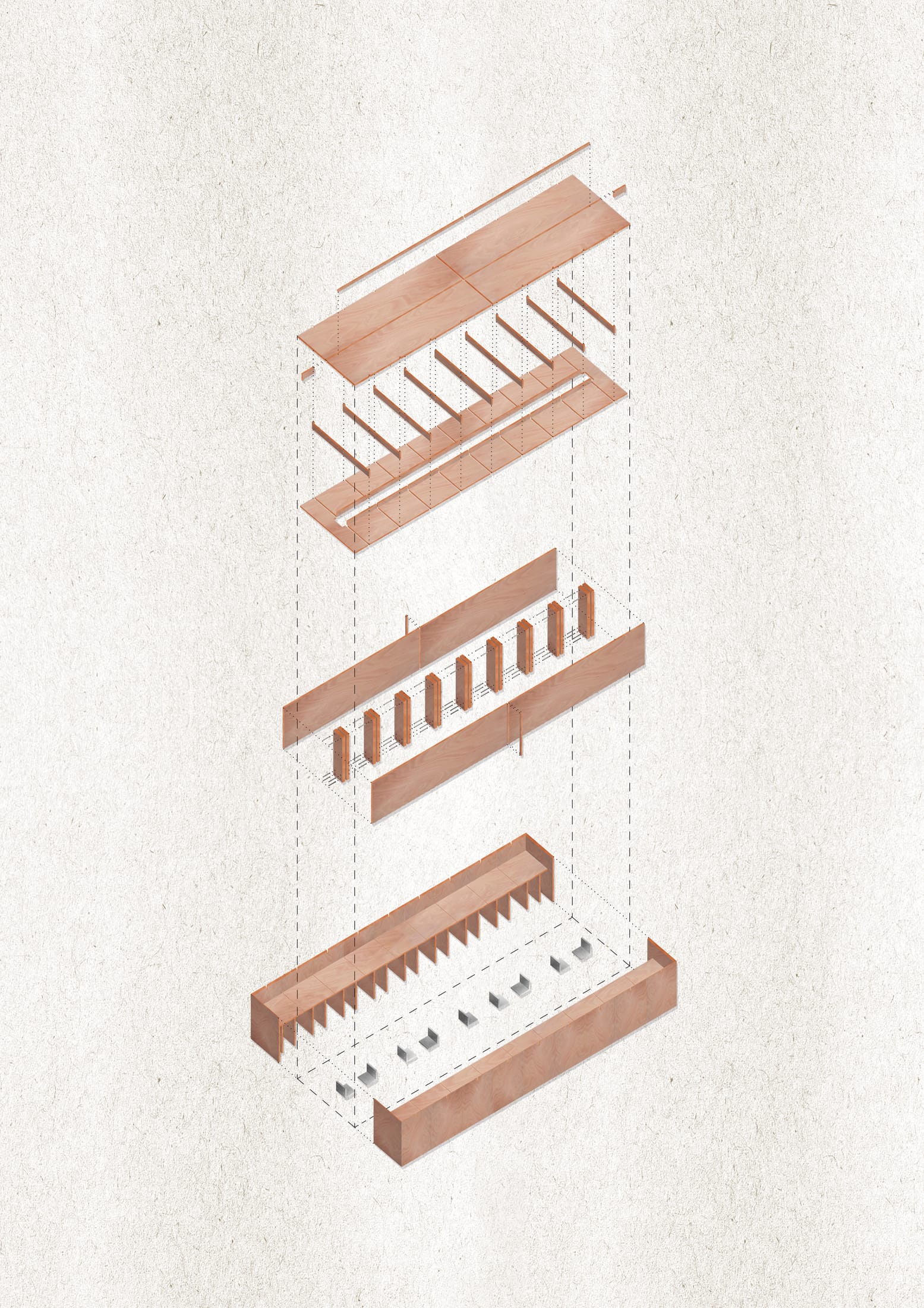 An exploded axonometric drawing of the modular worktable design.