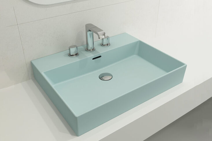 A modern Bocchi Milano 24 fireclay sink in a soft Matte Ice Blue finish.