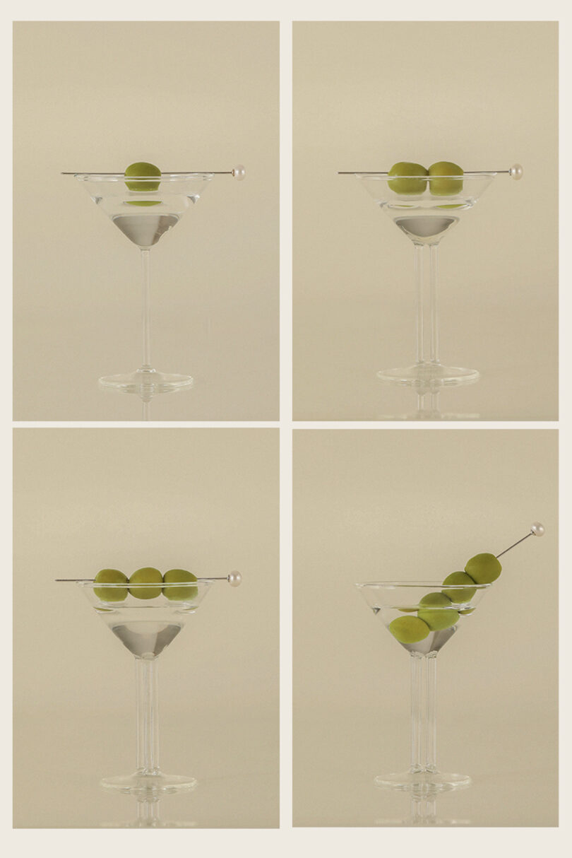 A four-image grid showing martini glasses with varying amounts of olive garnishes to represent portion control and variety.