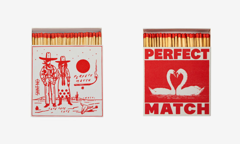 Two matchboxes featuring swan and cowboy illustrations with bold typography.