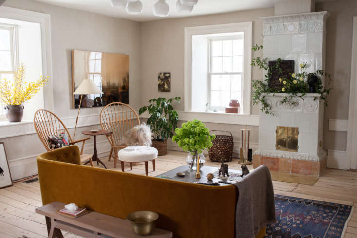 Light-toned wooden floors treated with lye and soap for a pale natural appearance.