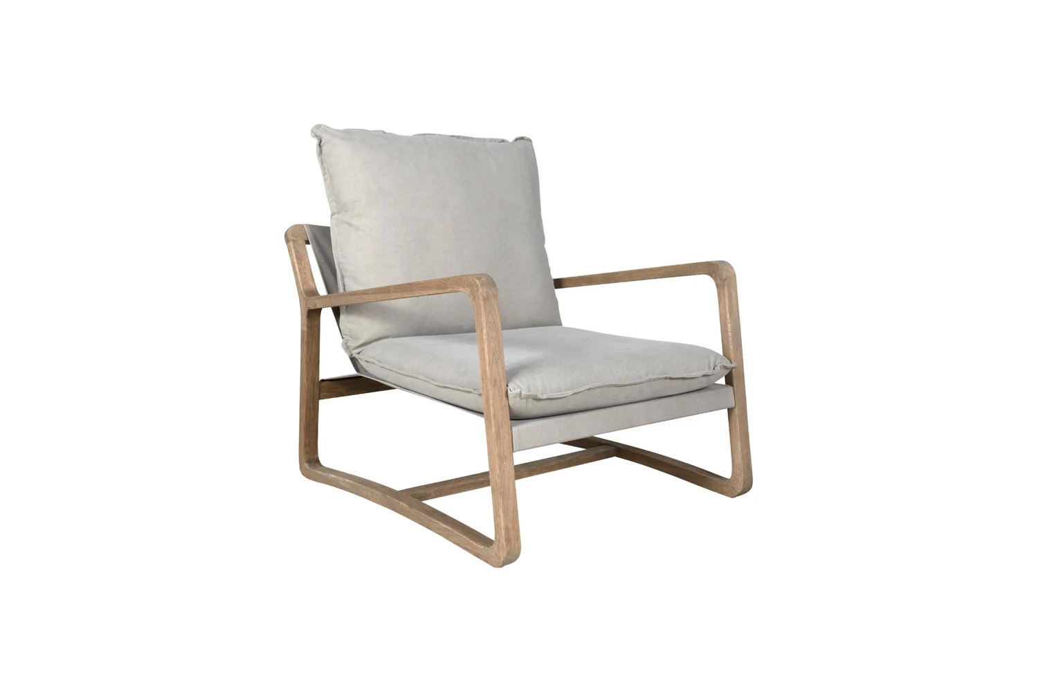 A modern armchair with a light wood frame and neutral canvas cushions.