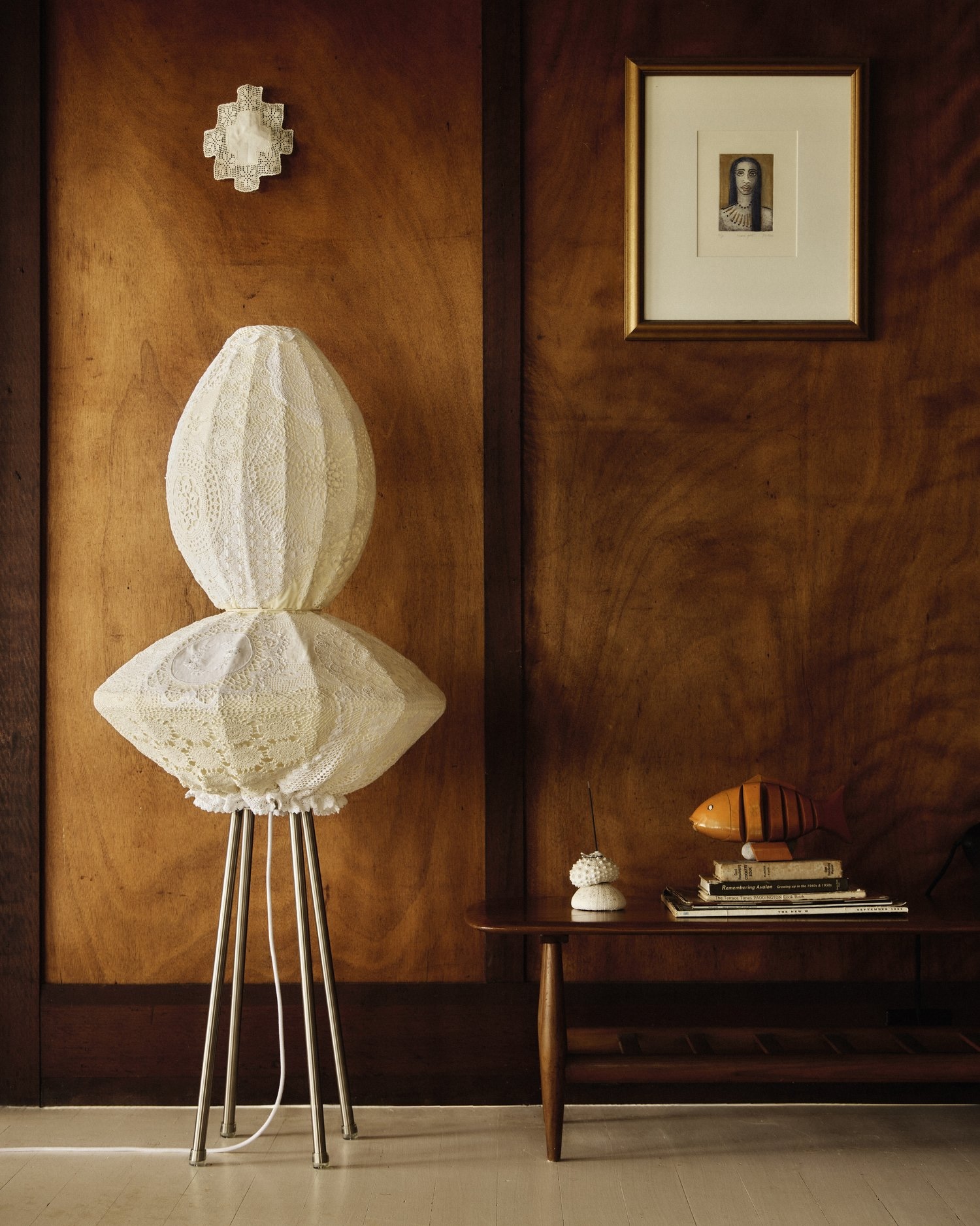 Kinship series light sculptures made from vintage doilies.