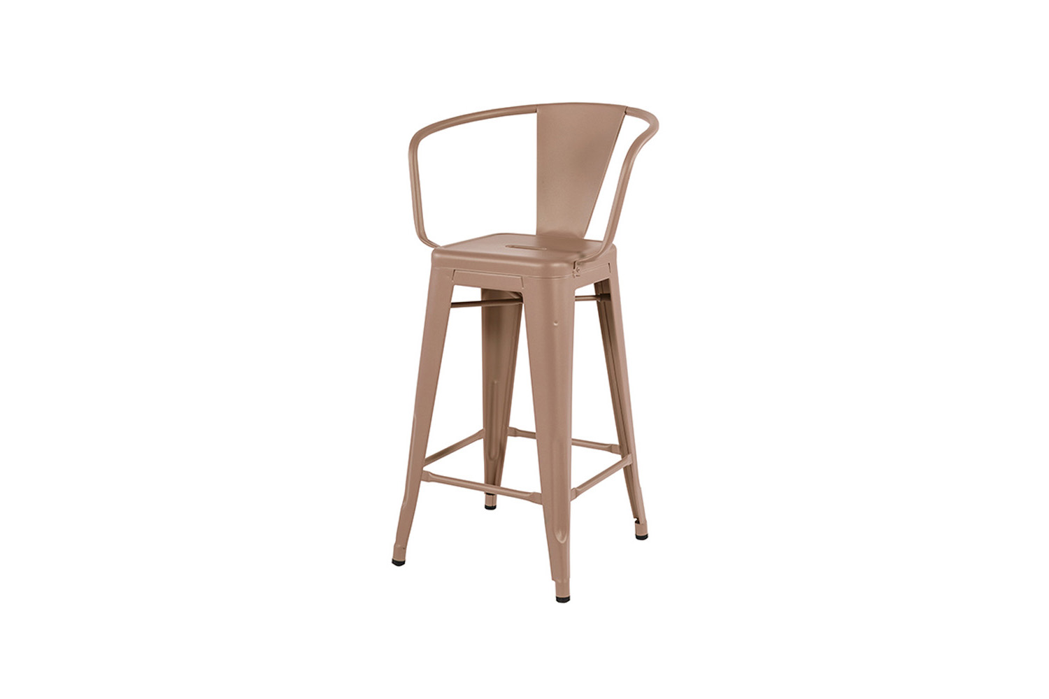 A classic Tolix-style metal bar stool in a rose pink powder-coated finish.