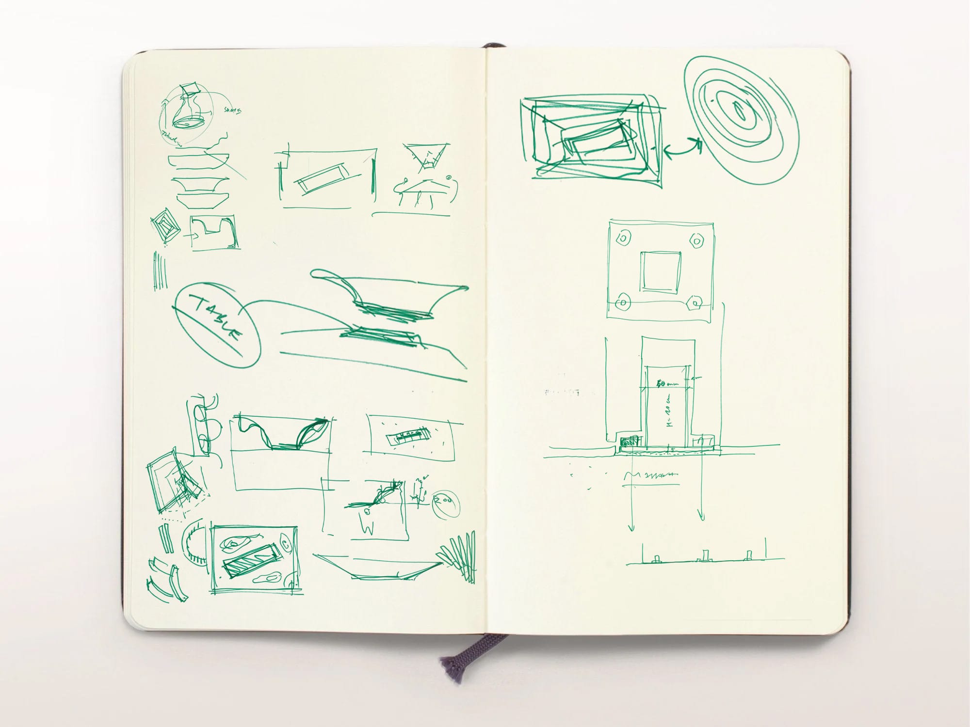 Hand-drawn architectural sketches of the Mosca Bianca workshop concept.