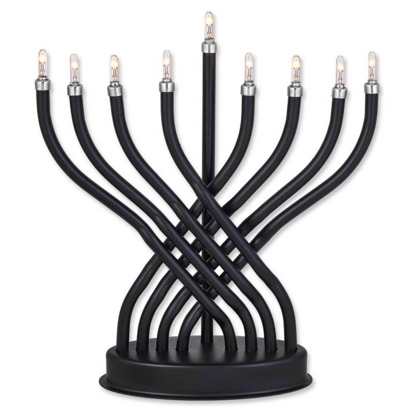 A sleek matte black electric menorah suitable for apartment living.