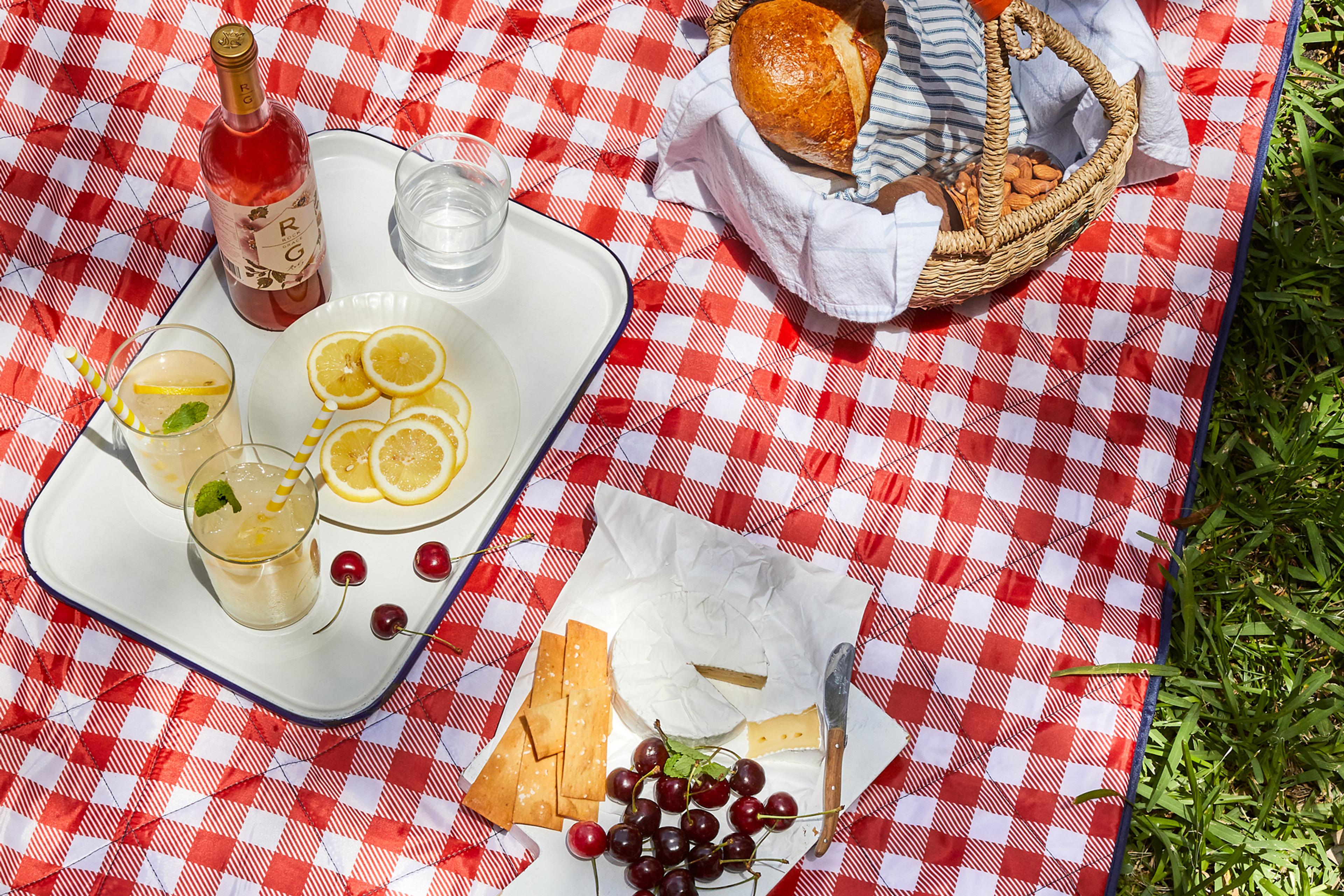 A picnic blanket spread featuring a charcuterie board with cheese, fruits, and glasses of wine.