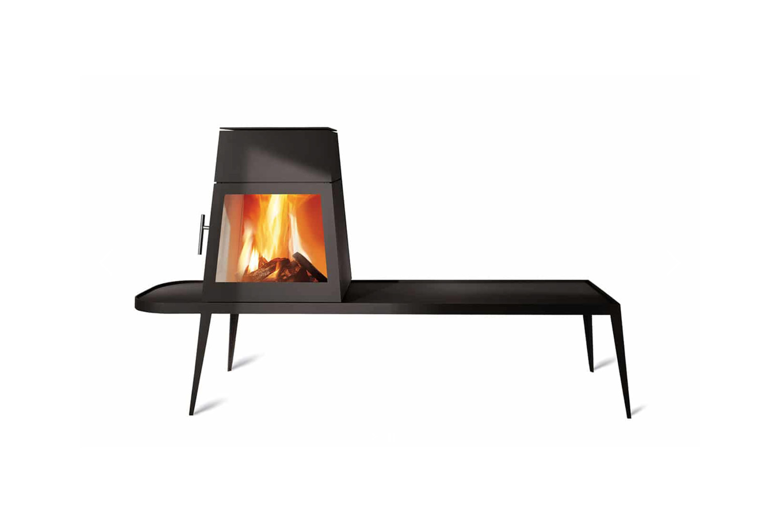 A sleek black metal Wittus Shaker Stove with a modern integrated bench.