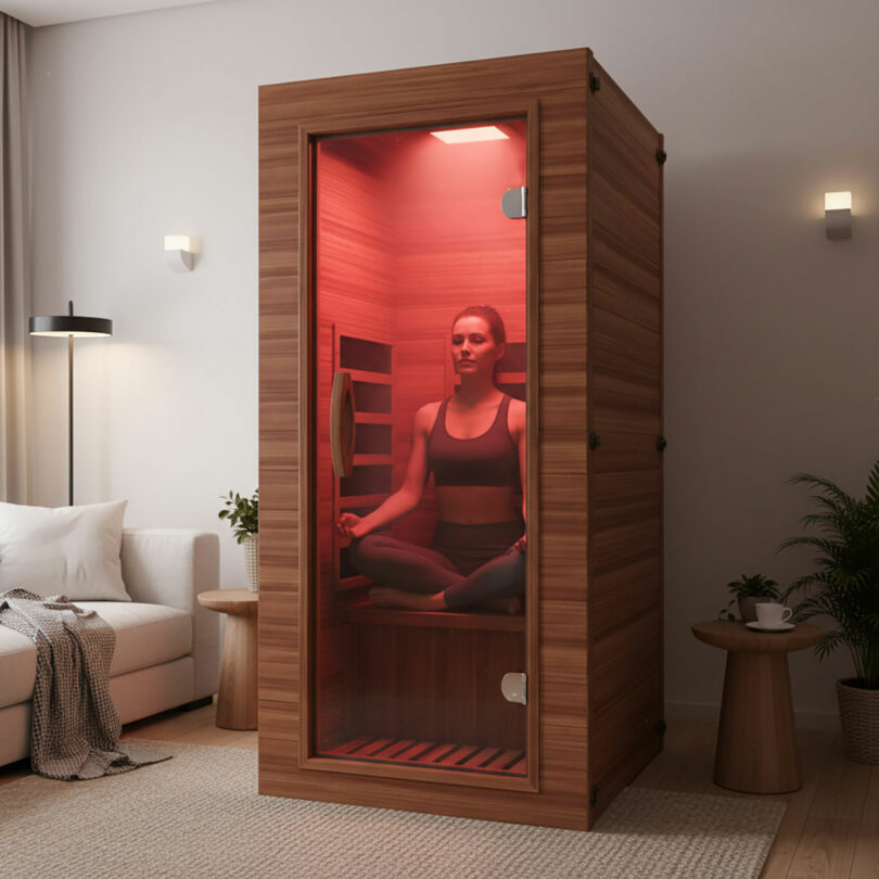 A woman relaxing inside a modern wooden one-person infrared sauna with red light chromotherapy.