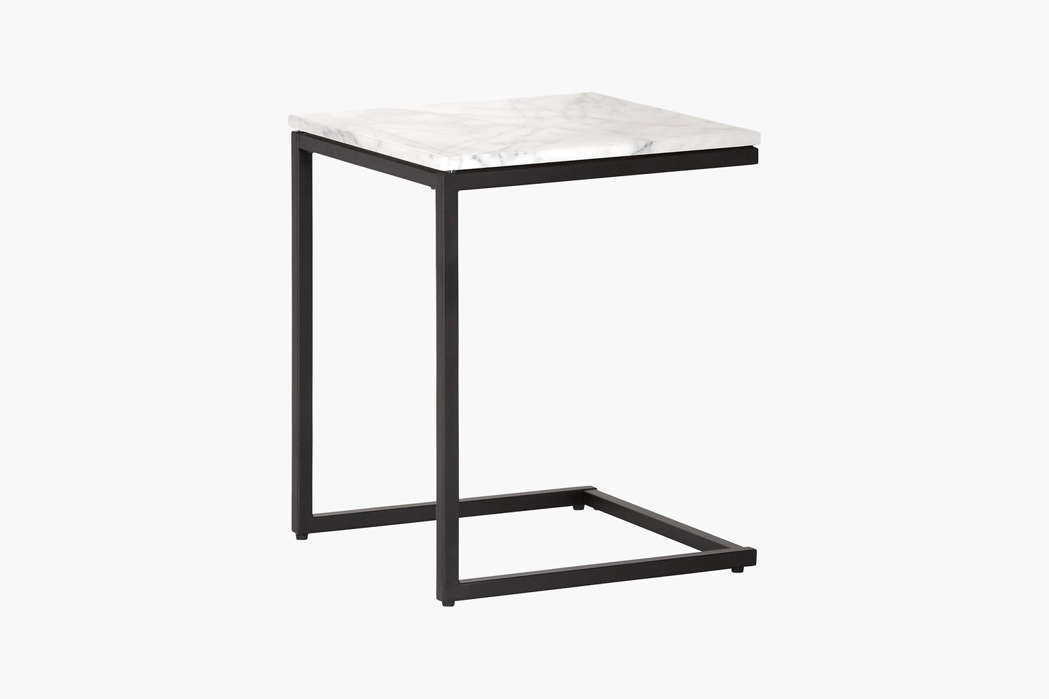 A black metal C-table with a circular white marble top.