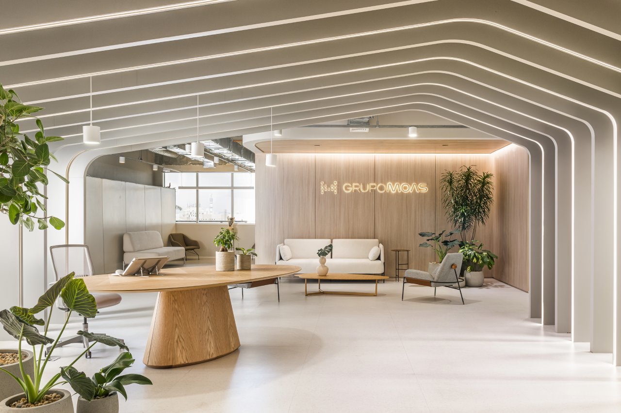A minimalist office lobby with curved white walls, wooden accents, and indoor greenery.