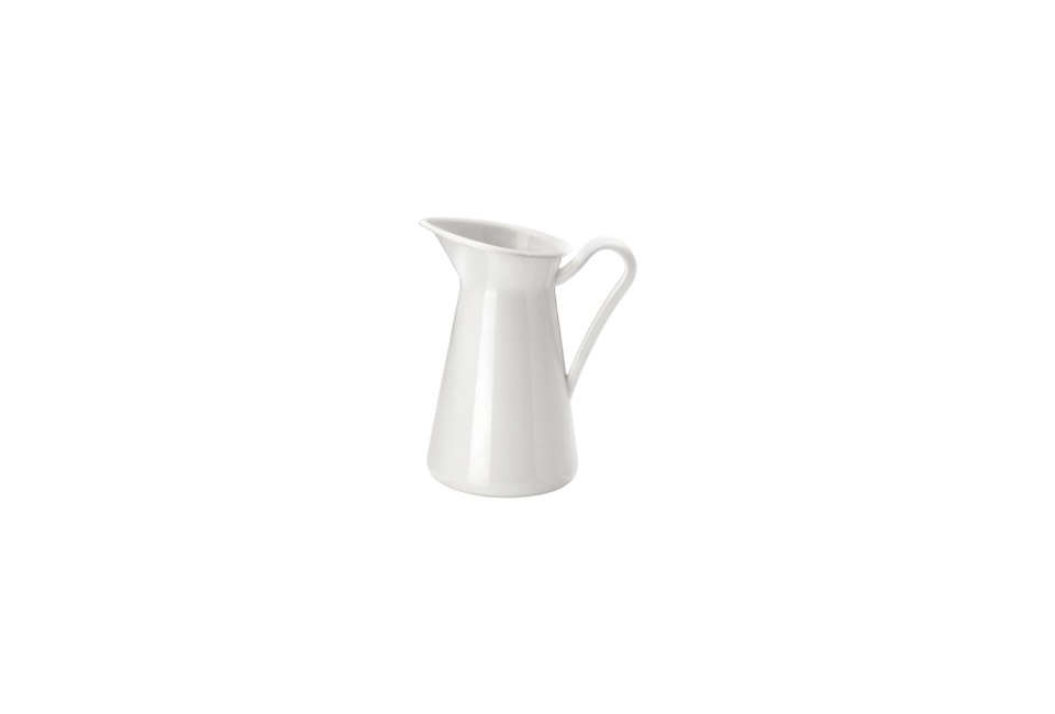 A white enamel Ikea Sockerart vase with a traditional pitcher silhouette.