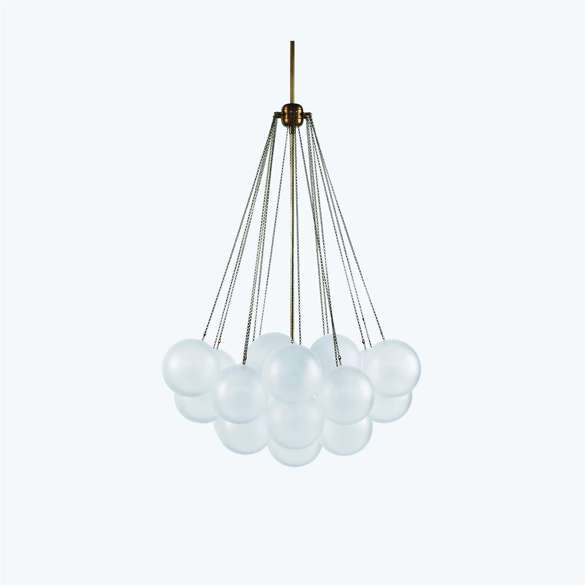 A cloud-style pendant chandelier hanging in a contemporary, minimalist living room setting.