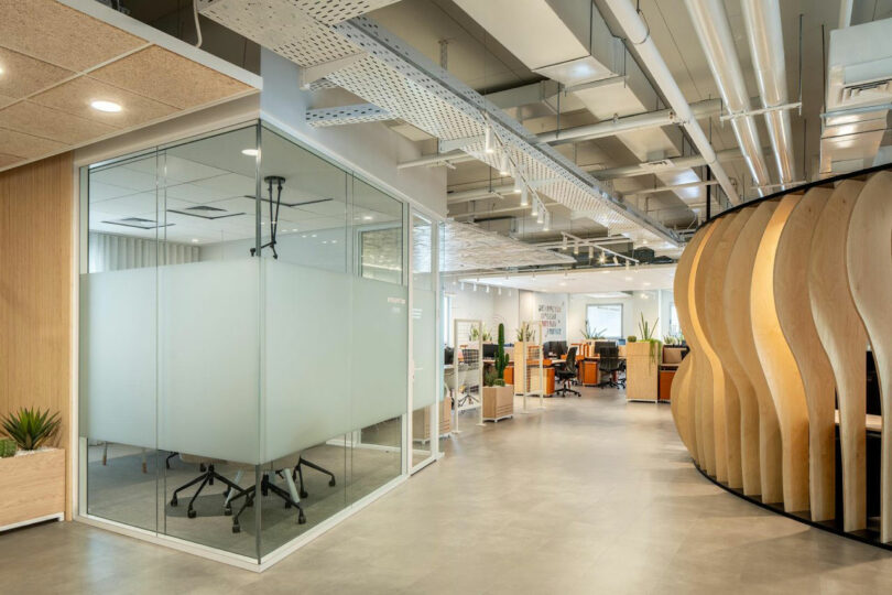 Open office layout with curved wooden partitions, glass meeting rooms, and ceiling-mounted greenery.